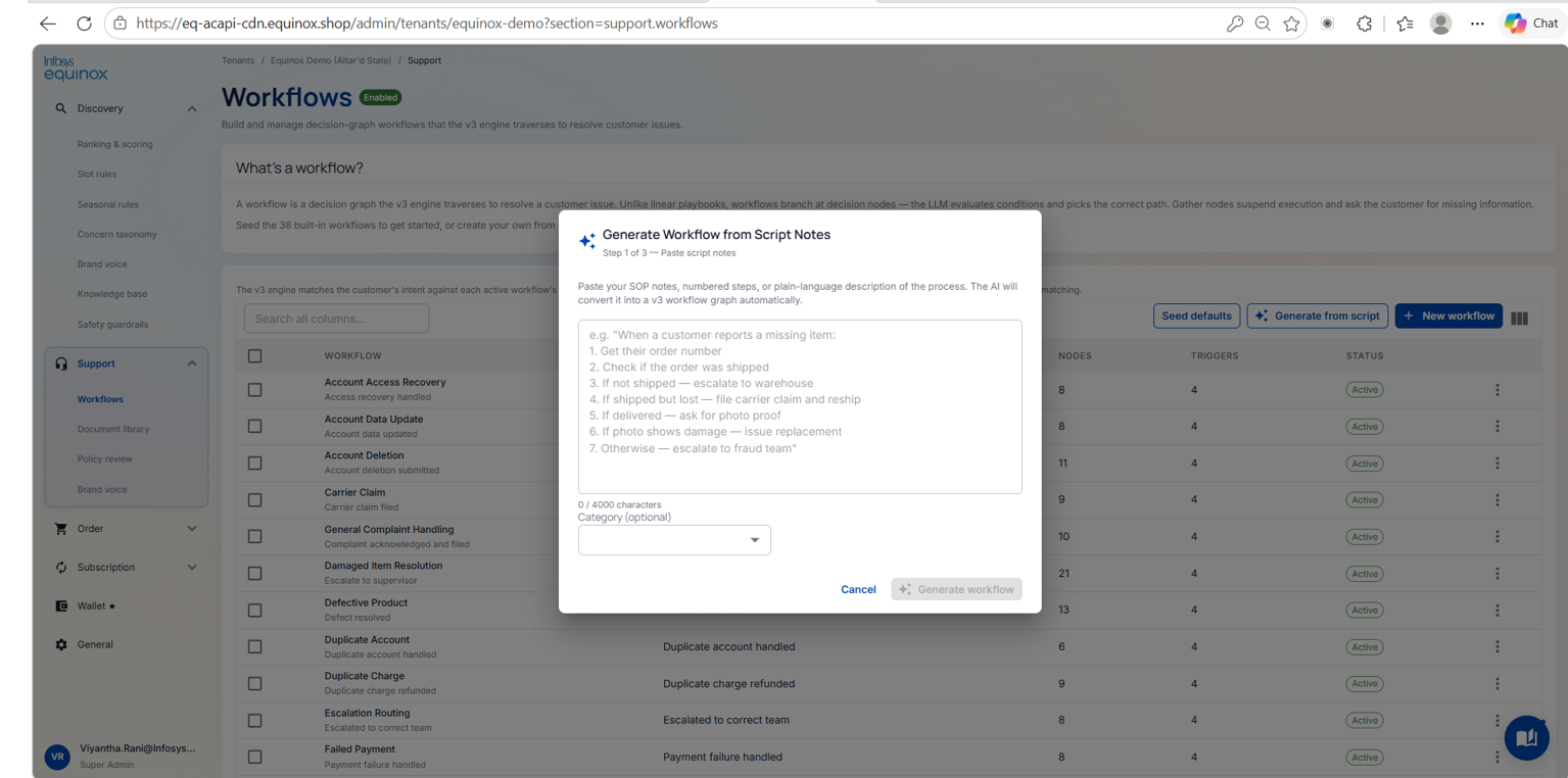 To generate a support workflow — screenshot 1