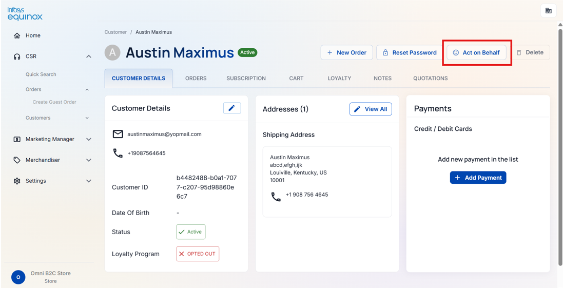 Resetting a Customer's Password — screenshot 1