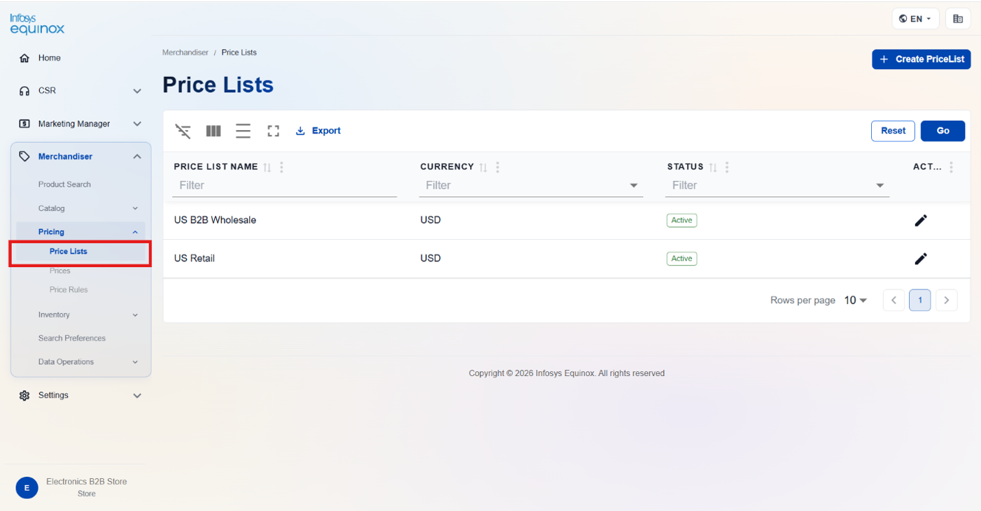 Viewing and Searching Price Lists — screenshot 1