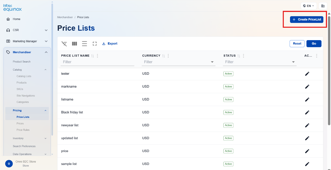 Creating a Price List — screenshot 1