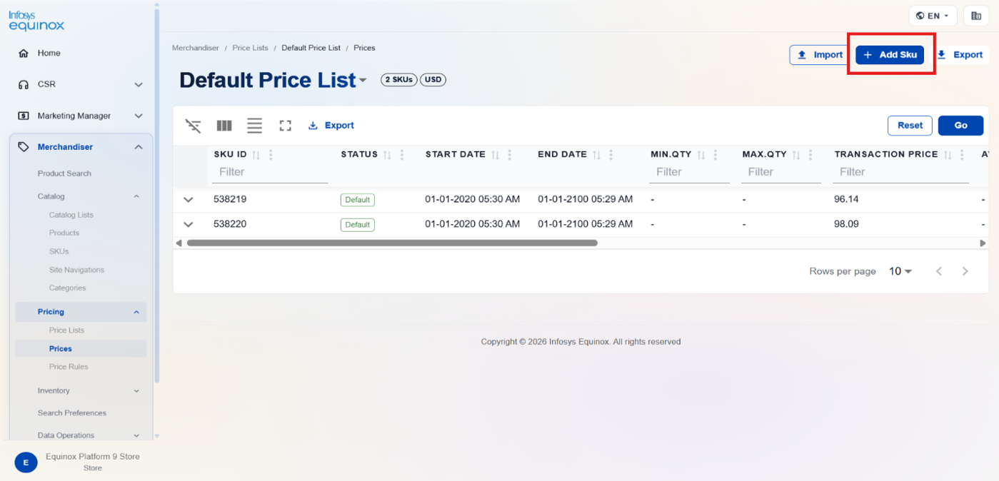 Managing SKU Prices Within a Price List — screenshot 1