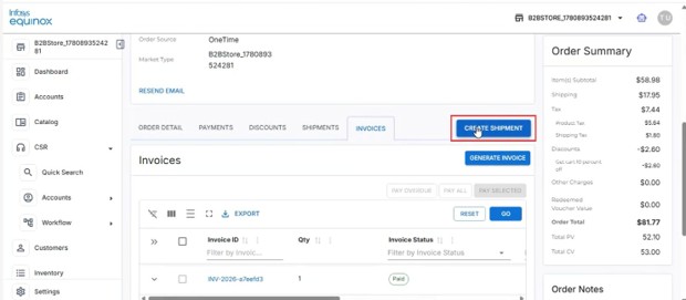 Create Shipment action on the order detail page