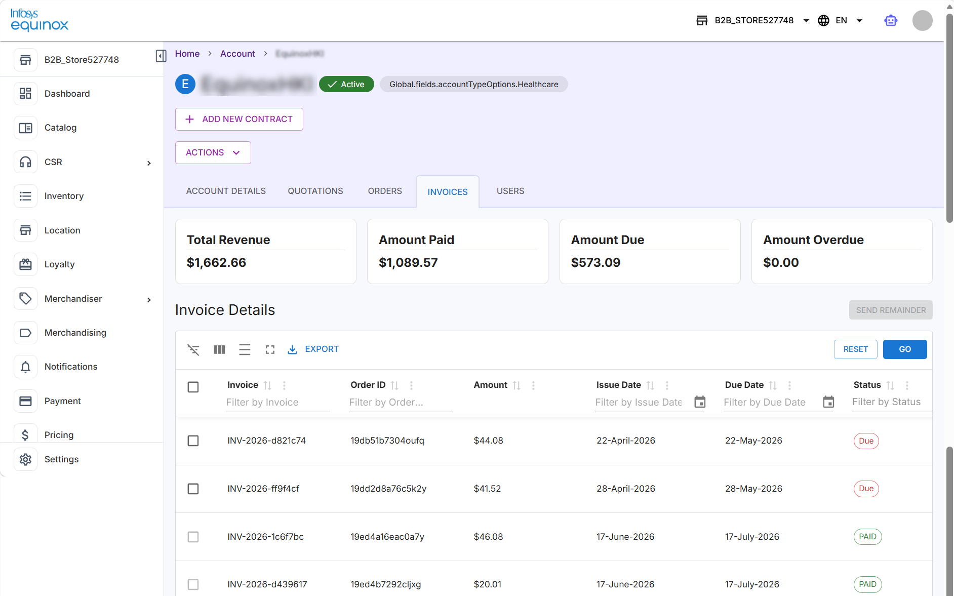 Invoices tab on the customer account