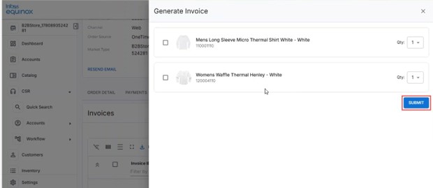 Generate Invoice dialog with selectable line items