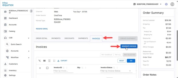 Invoices tab with the Generate Invoice action