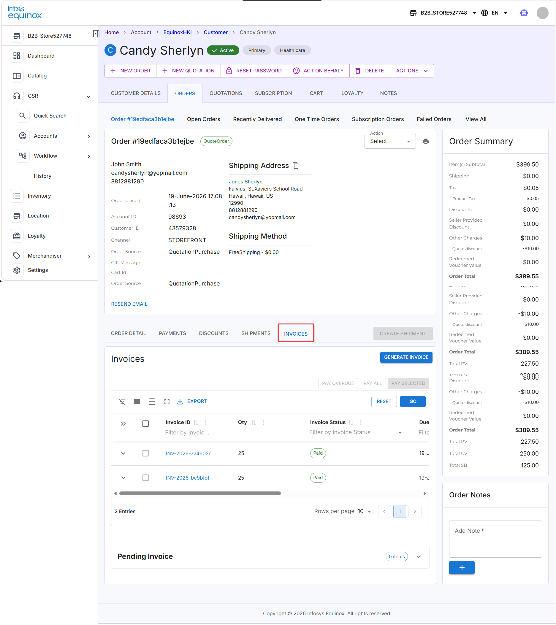 Invoices tab within an order
