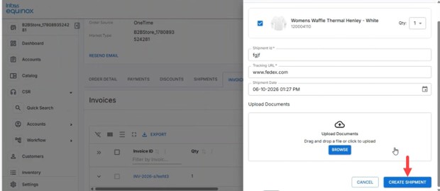 Create Shipment button in the shipment dialog