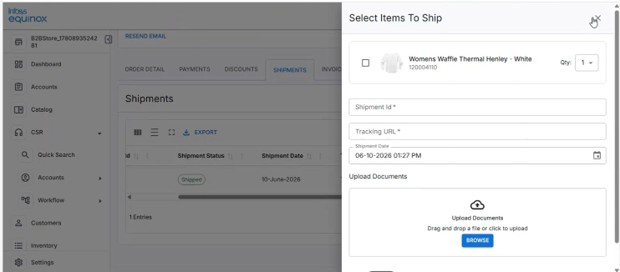 Select Items To Ship dialog with shipment details