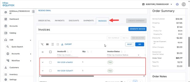 Invoices tab listing the invoices for an order