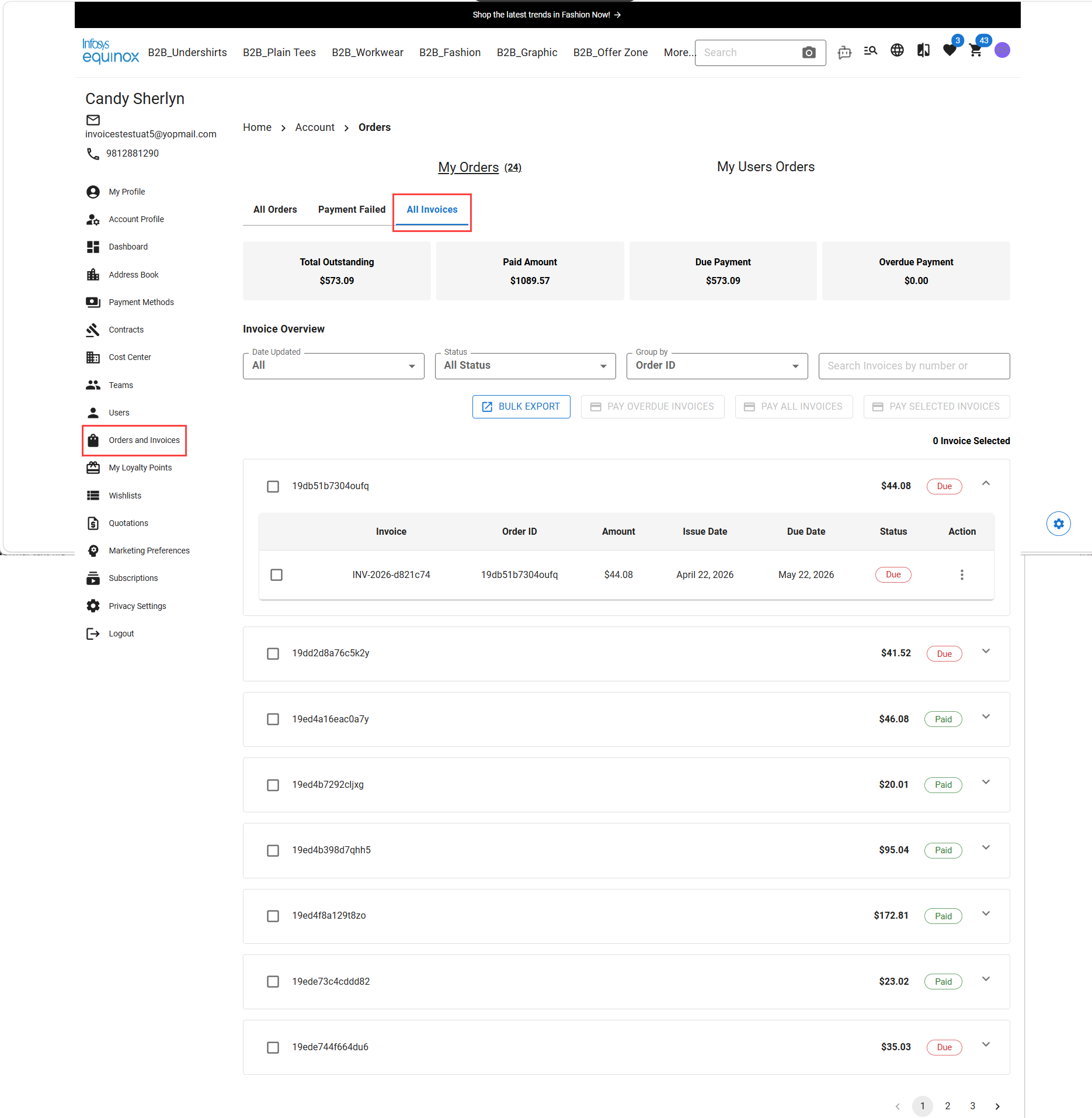 All Invoices page on the storefront