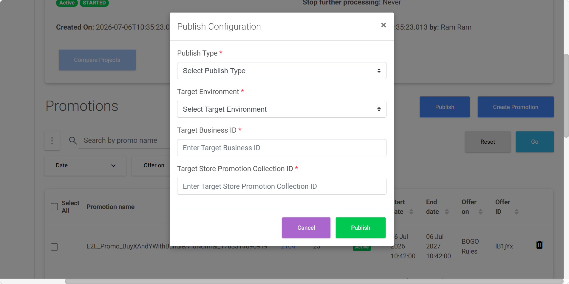 Publish Configuration dialog for Promotions