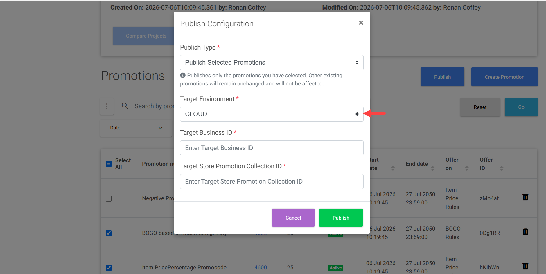 Promotion publish for a different environment