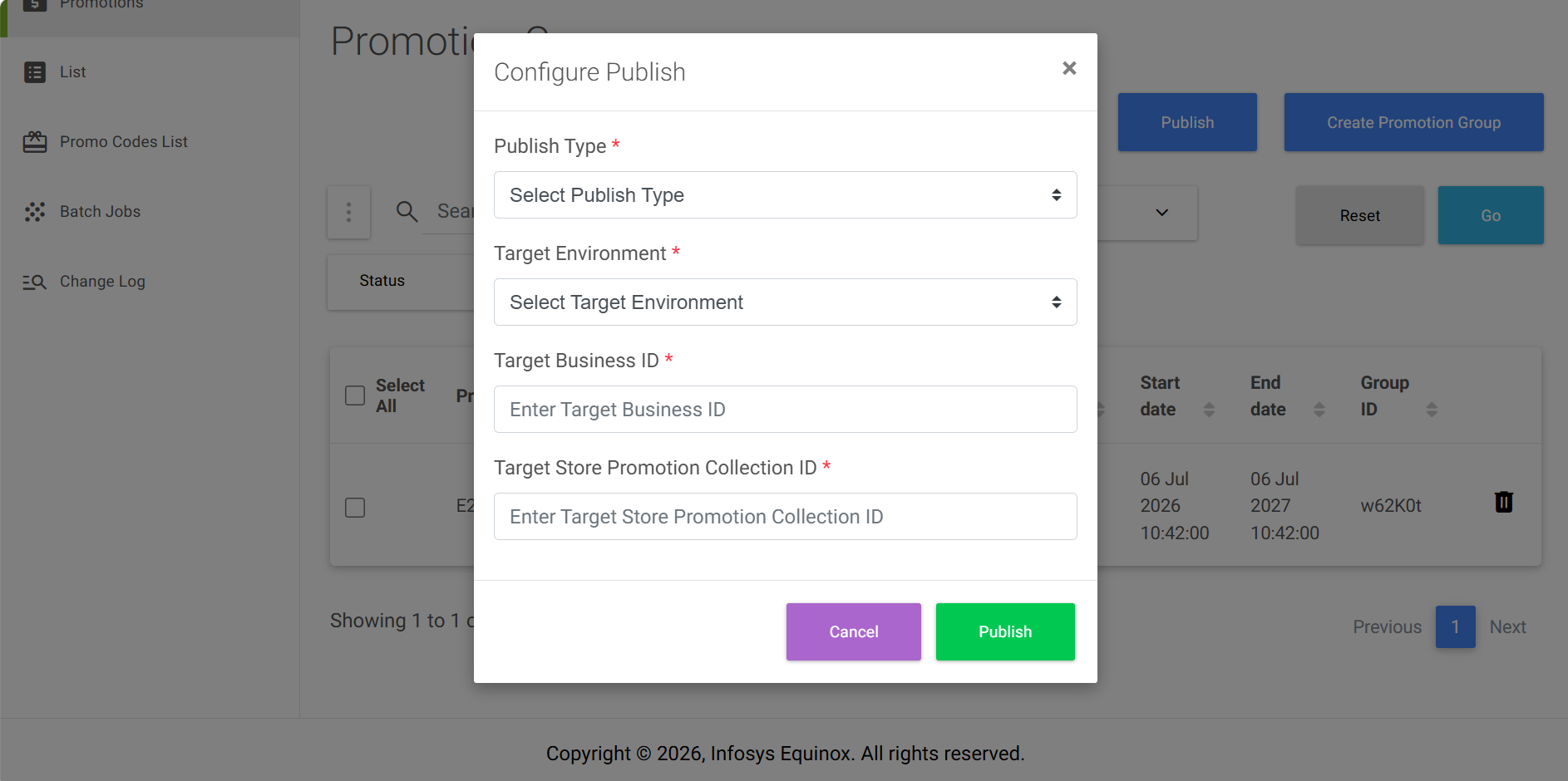 Configure Publish dialog for Promotion Groups
