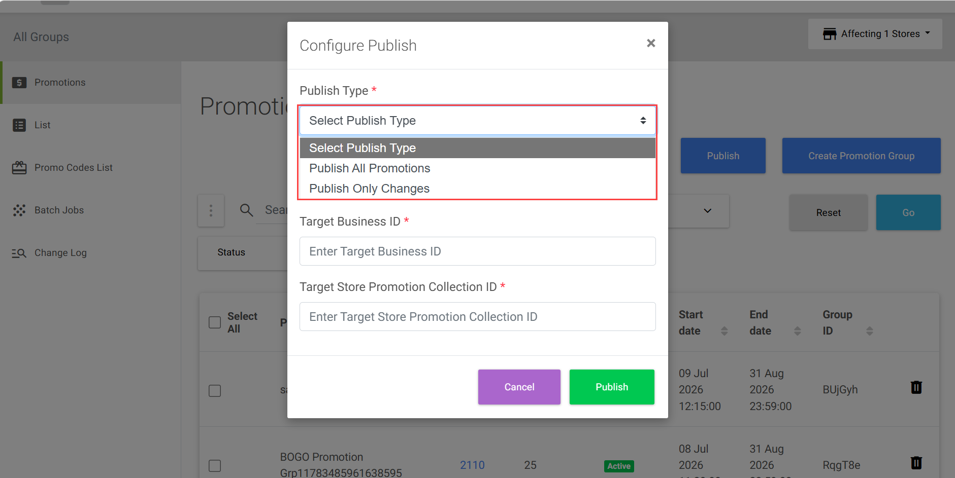 Publish Type options when no promotion group is selected