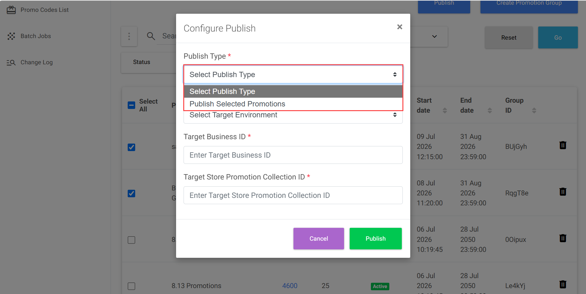 Publish Type options when promotion groups are selected