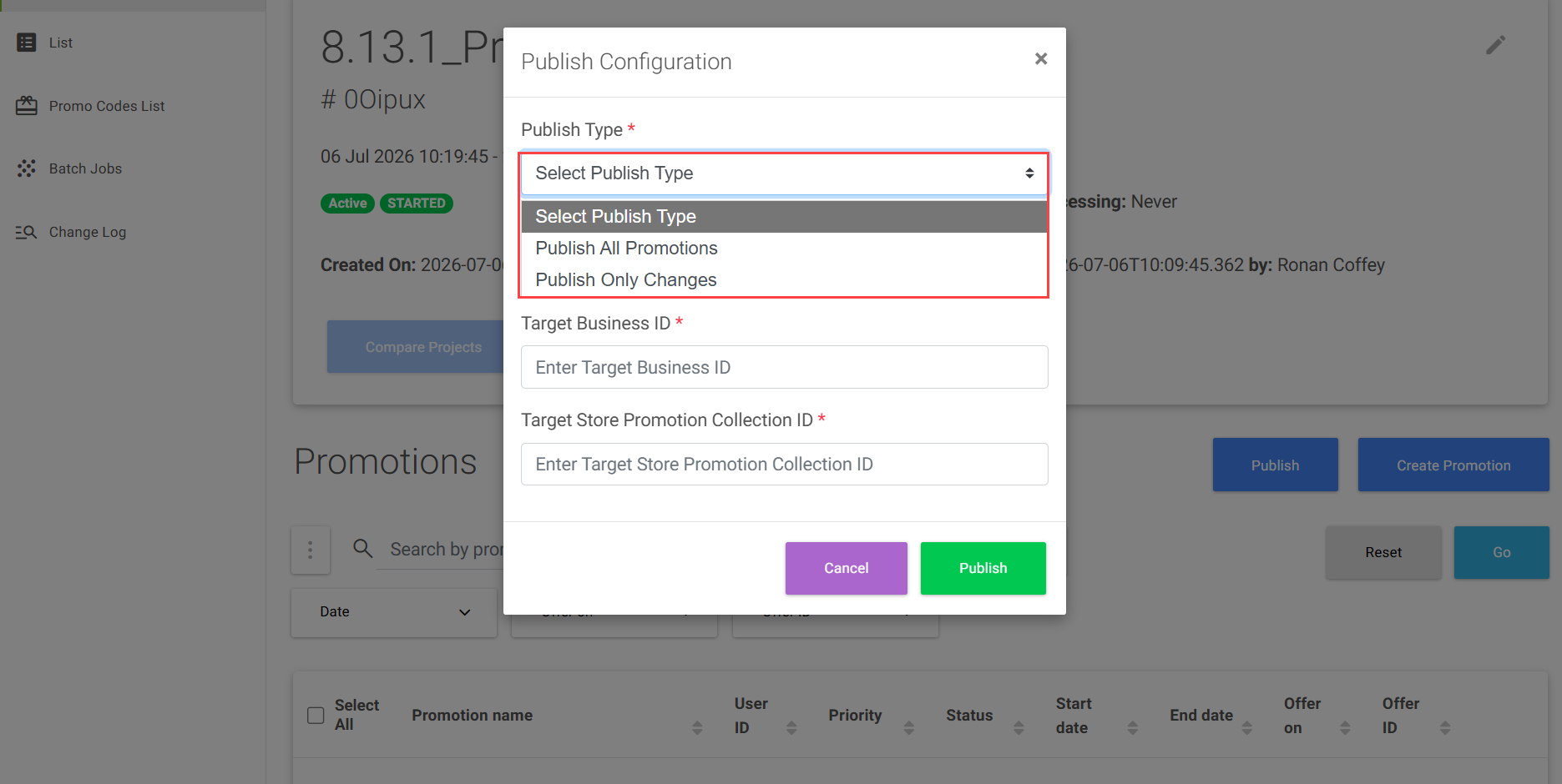 Publish Type options when no promotion is selected