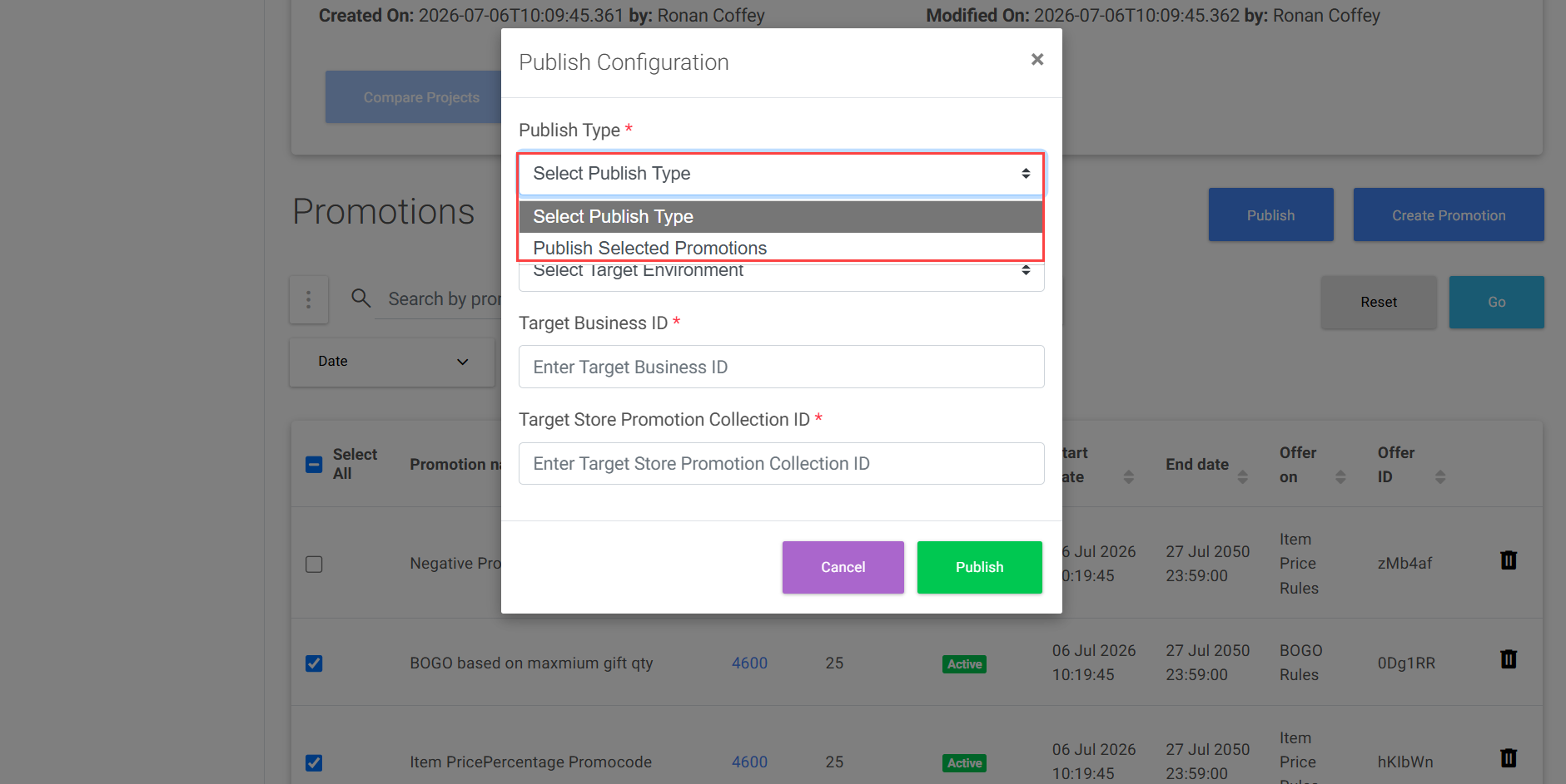 Publish Type options when promotions are selected