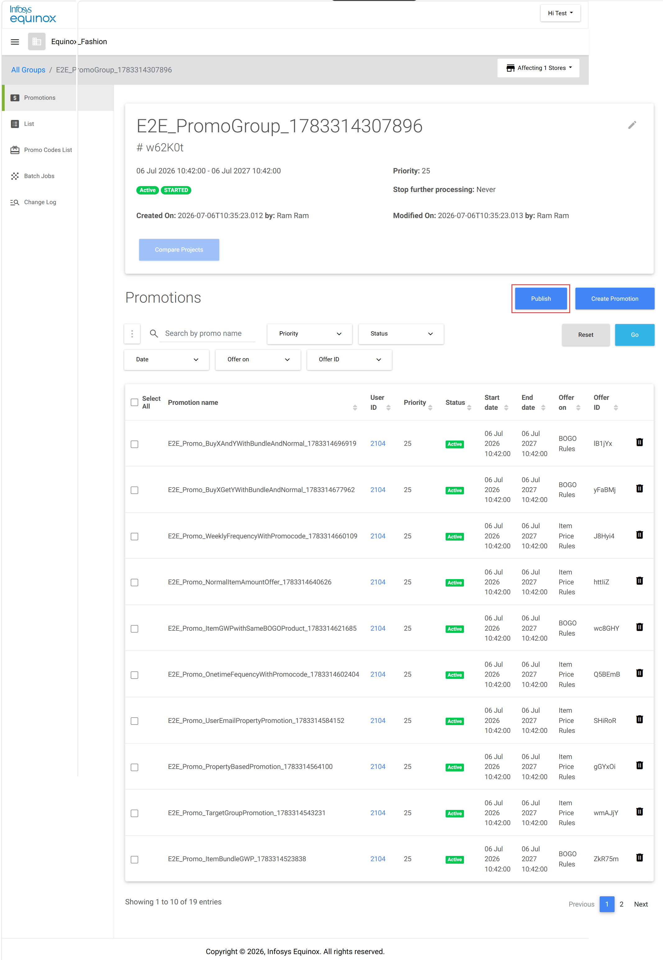 Promotions page with Publish button