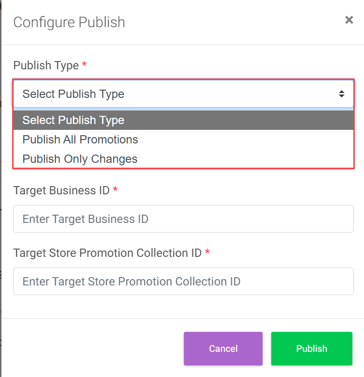 Publish Type options